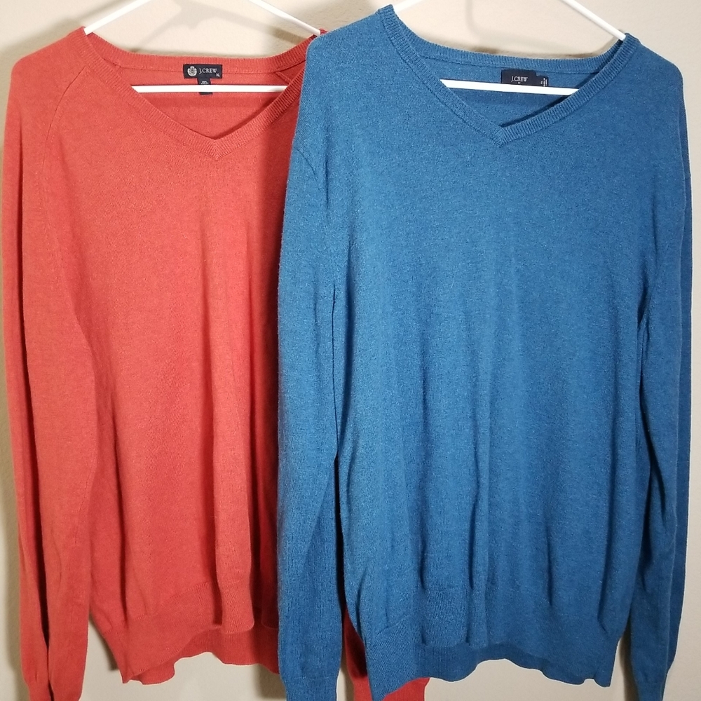 Lot of 2 J.Crew Cashmere Cotton V-Neck Pullover Knit Sweater Blue Red Mens Sz XL